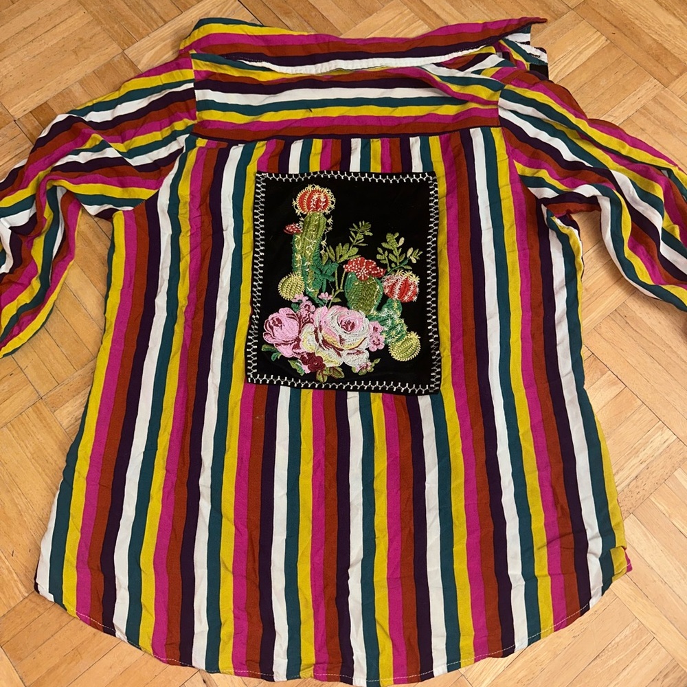 Multi-coloured striped button-up shirt with floral embroidery